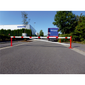 Swing barrier | with bracing tube and | pull rope reinforcement | to be fixed by plugs, hot-dip galvanized and red coated with white reflecting rings | Barrier arm length: 3500 mm | with triangular lock